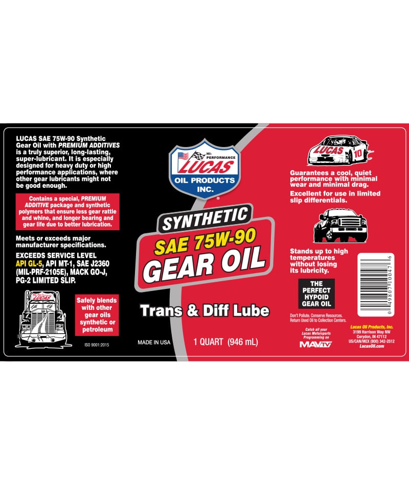 Lucas Oil 10048-PK4 75W90 Synthetic Gear Oil - 1 Gallon Jug, Pack of 4